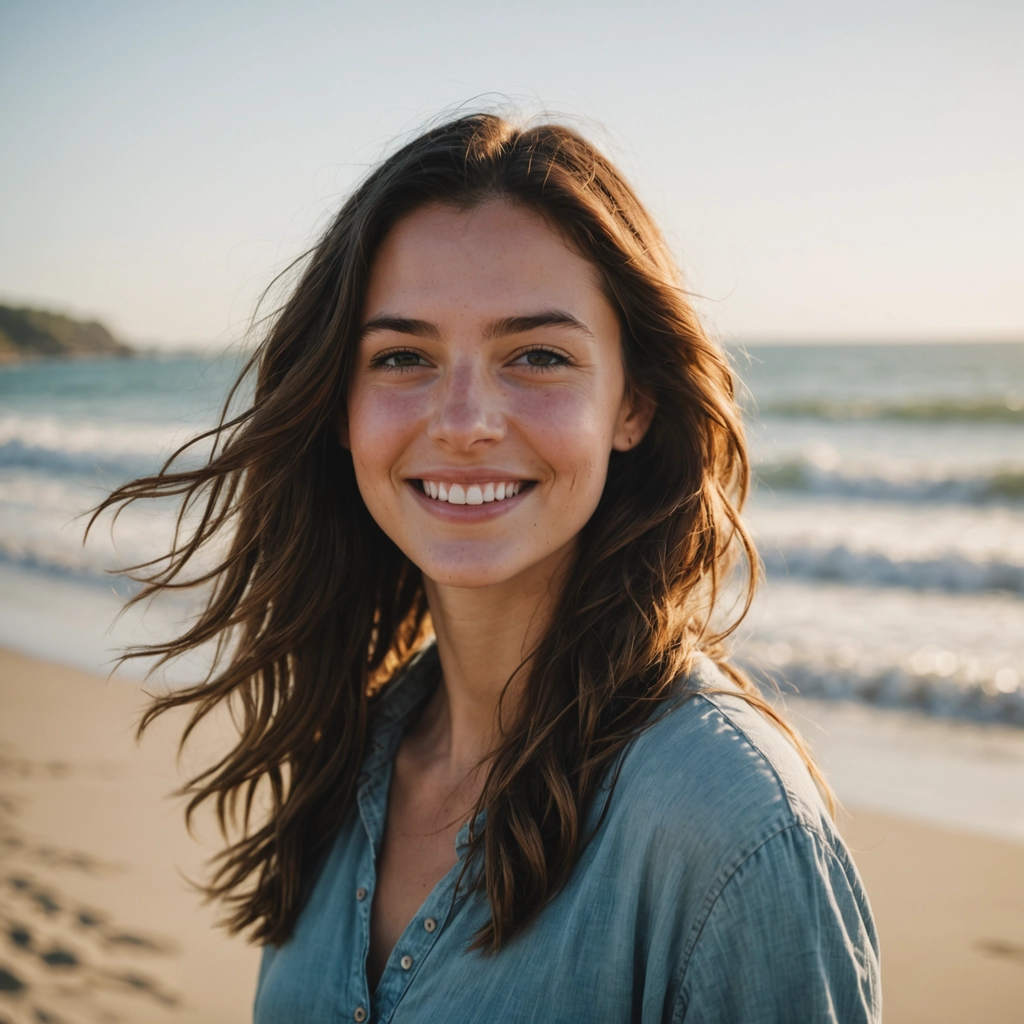 Girl standing on beach with wind blown hair