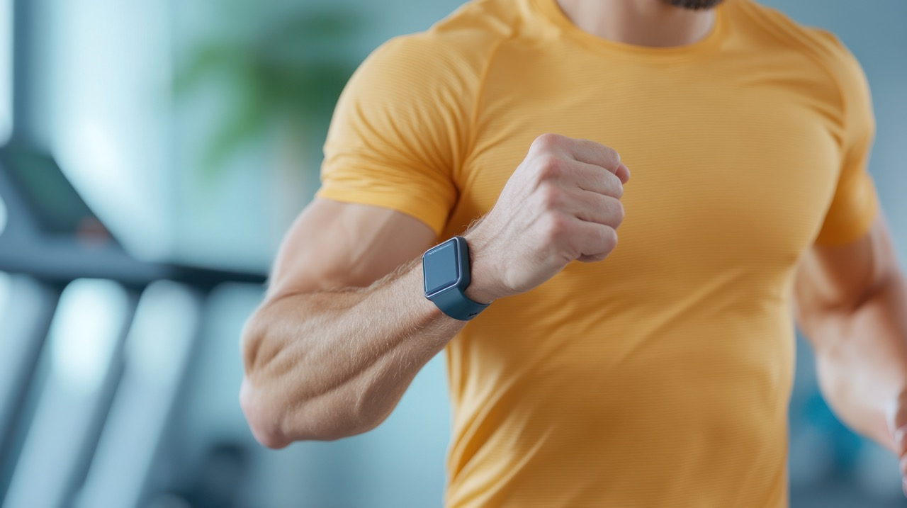 Photo of muscular man jogging on treadmill