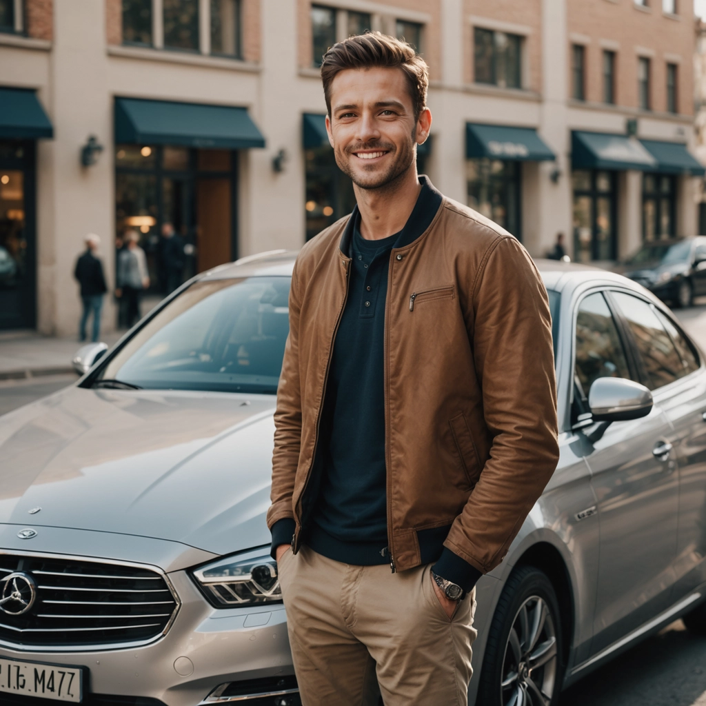 Young man standing in front of car